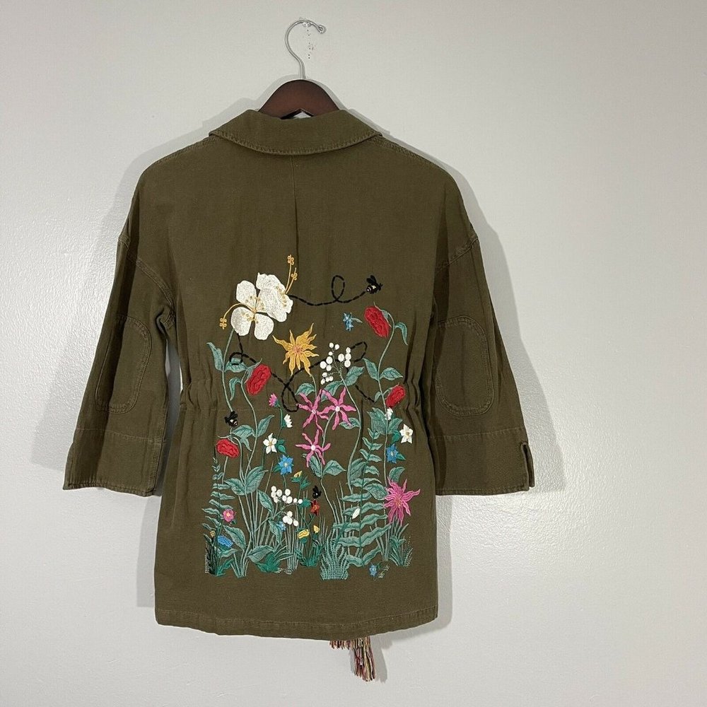 Zara Collection Floral Bees Embroidered Button Down Jacket Coat Size S Green